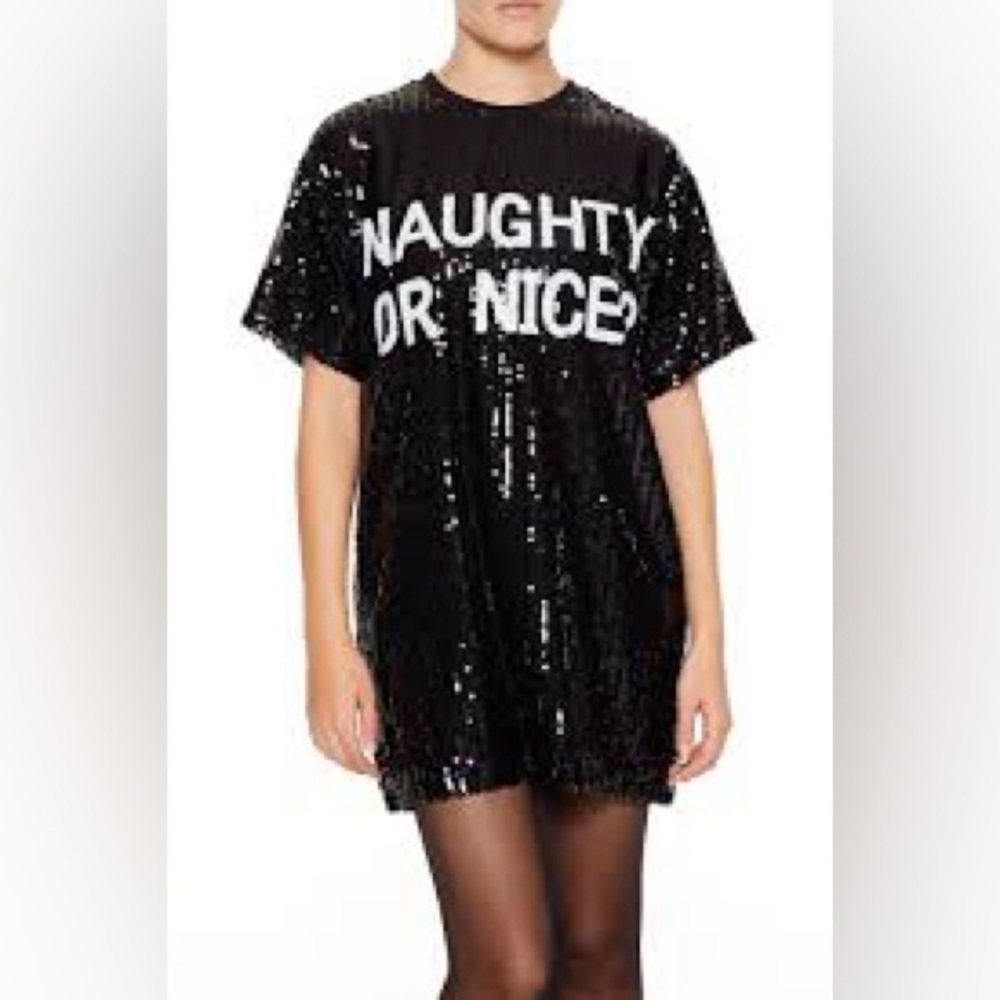 NEW! Forever 21 Women's Sequin T-Shirt Mini Dress 'NAUGHTY OR NICE' Small